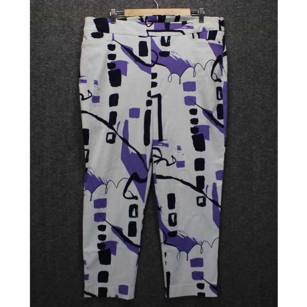 Chico's 3 Pull On Pant Ankle Abstract Print White Purple Stretch US 16
